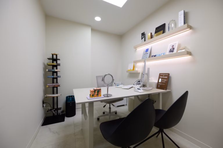 Consultation desk at Maylin Apgujeong with products on the shelves behind it