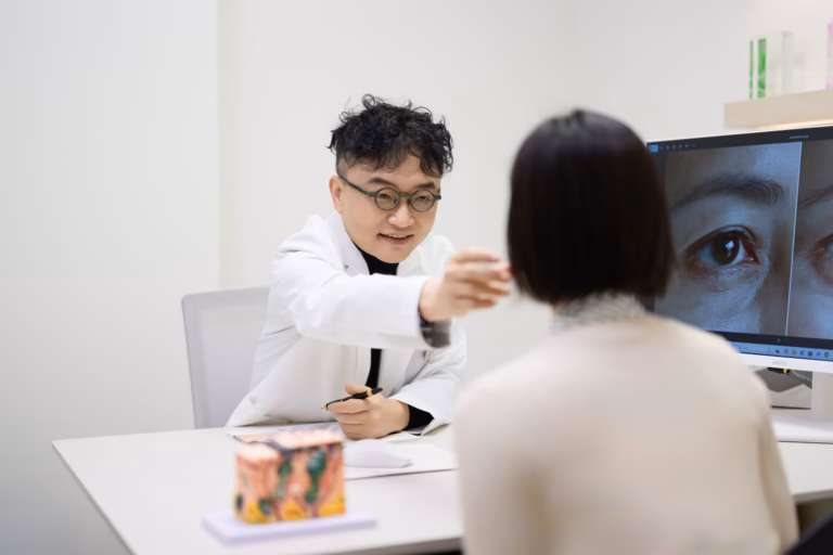 A doctor going through a skin analysis on screen with a patient