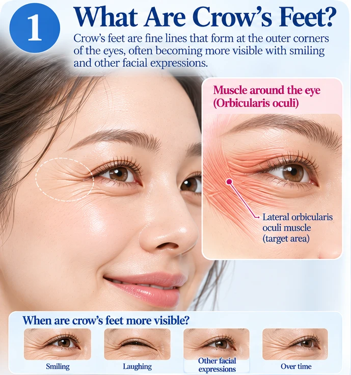 Illustration: crow's feet as fine lines at the outer corners of the eyes, the orbicularis oculi muscle, and when the lines are more visible