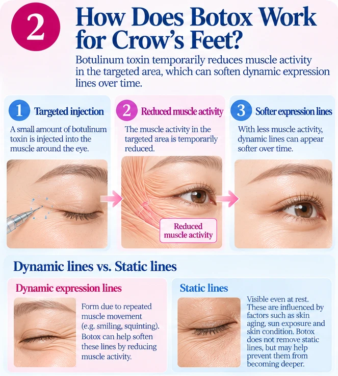 Illustration: botulinum toxin reduces muscle activity around the eye to soften dynamic expression lines, compared with static lines