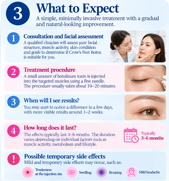 Illustration: what to expect from crow's feet Botox, from consultation and procedure to when results show, how long they last and possible side effects