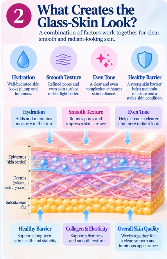 Illustration: hydration, smooth texture, even tone and a healthy barrier working together for the glass-skin look