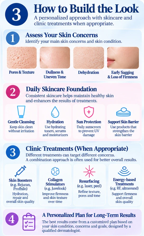 Illustration: how to build the glass-skin look with skin concern assessment, daily skincare and clinic treatments when appropriate