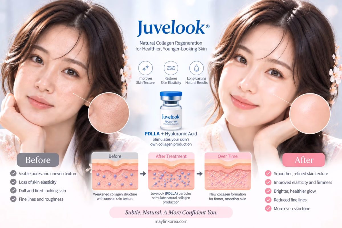 Juvelook before and after illustration comparing skin texture, with a diagram of collagen forming after PDLLA treatment