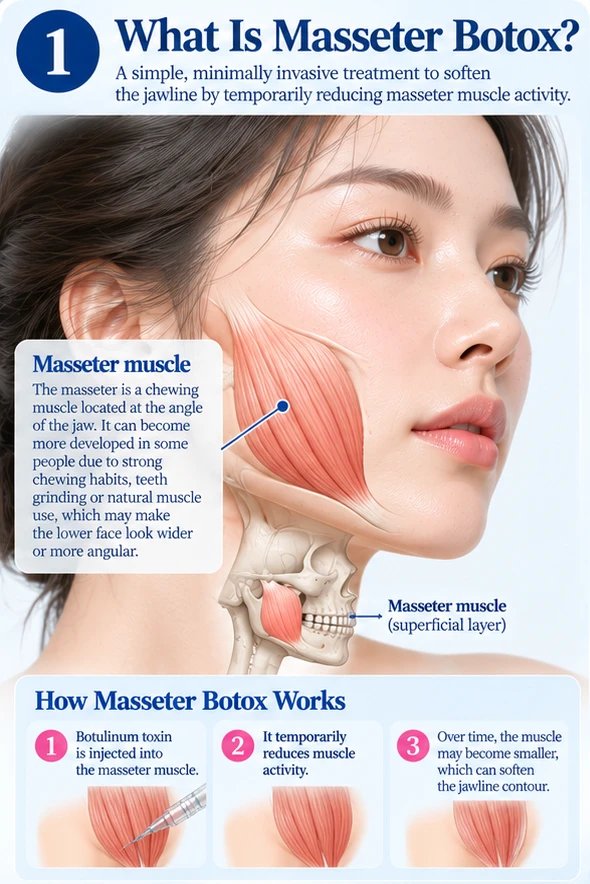 Illustration: masseter Botox softens the jawline by temporarily reducing masseter muscle activity, with the masseter muscle at the angle of the jaw