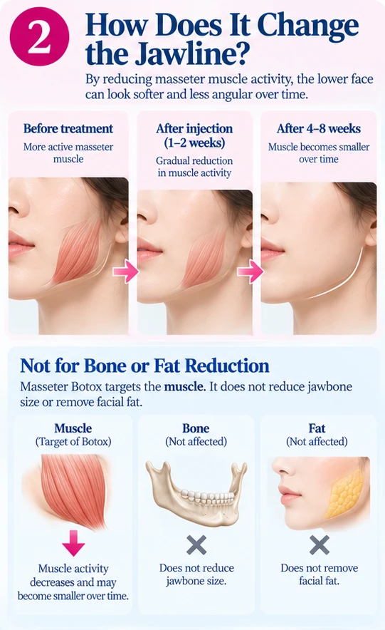 Illustration: the jawline before treatment, after injection and after four to eight weeks, and that Botox targets muscle, not bone or fat