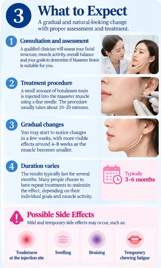 Illustration: what to expect from masseter Botox, from consultation and procedure to gradual changes, duration and possible side effects