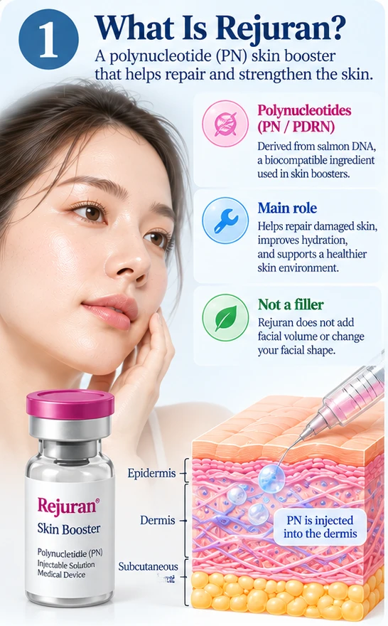 Illustration: what Rejuran is, a polynucleotide PN PDRN skin booster for repair that is not a filler