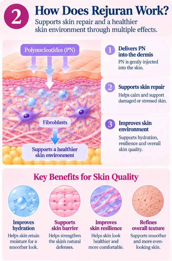 Illustration: polynucleotides delivered into the dermis support skin repair and a healthier skin environment, with key benefits for skin quality
