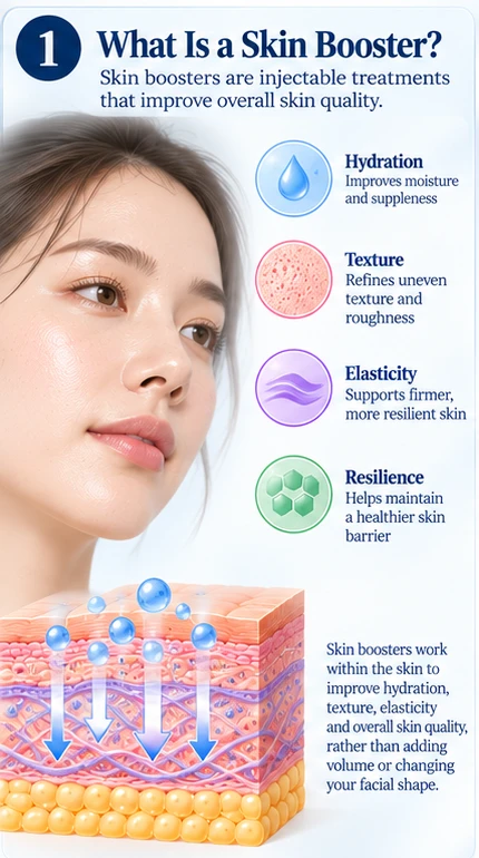 Illustration: what a skin booster is, with hydration, texture, elasticity and resilience benefits