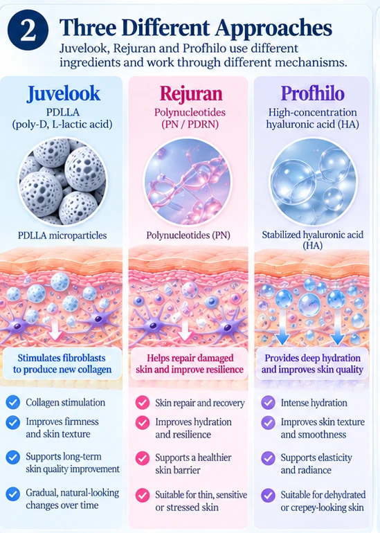 Illustration: Juvelook PDLLA, Rejuran polynucleotides and Profhilo hyaluronic acid compared by ingredient and effect