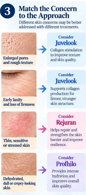Illustration: matching skin concerns such as pores, laxity, sensitive skin and dehydration to Juvelook, Rejuran or Profhilo