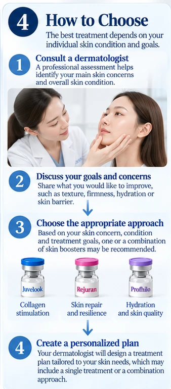 Illustration: four steps to choose a skin booster, from consulting a dermatologist to creating a personalized plan
