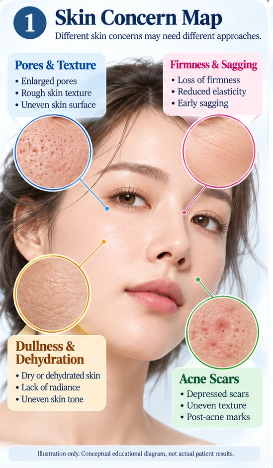 Illustration: a skin concern map showing pores and texture, firmness and sagging, dullness and dehydration, and acne scars