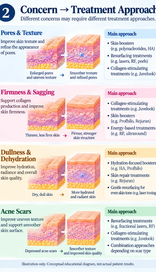 Illustration: main treatment approaches for each skin concern, from skin boosters and resurfacing to collagen-stimulating treatments