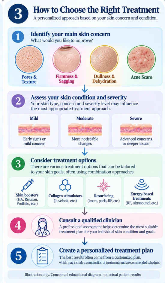Illustration: five steps to choose a treatment, from identifying your concern to consulting a clinician and creating a personalized plan