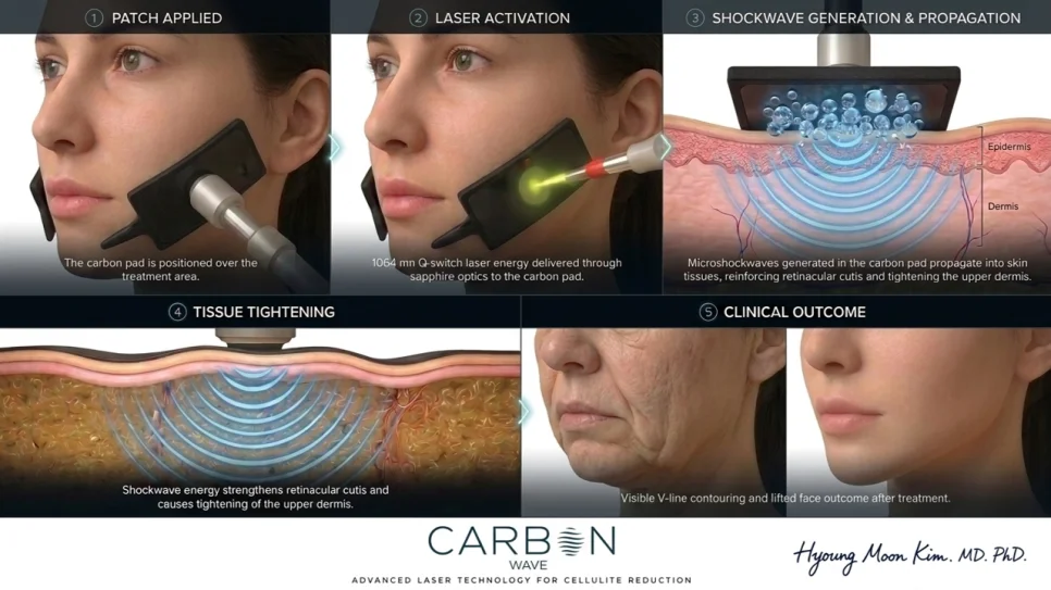 Carbon shockwave lifting in five steps: carbon patch applied, 1064 nm Q-switched laser fired through sapphire optic, shockwaves spread into the skin, upper dermis tightens, firmer jawline